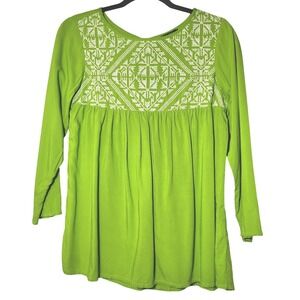 THE VANCA Apple‎ Green Embroidered Babydoll Blouse 3/4 Sleeve Boho Top Medium
